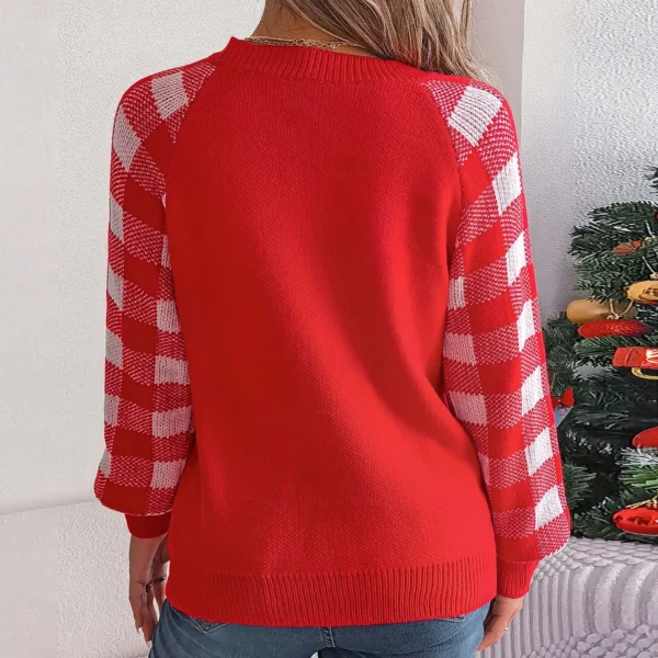 Christmas Women's Red Plaid Sweater With Christmas Deer Jacquard Festive Holiday Wear Loose Fit Autumn Knitted Female Pullovers - Image 4