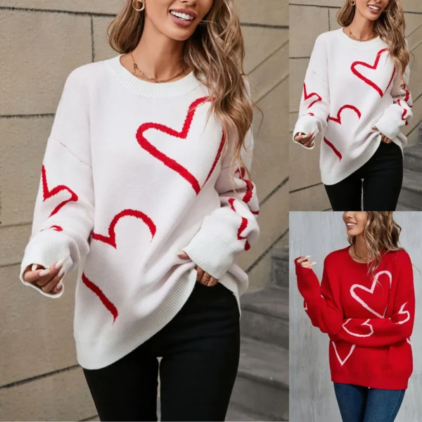 Cute Loose Sweaters For Womens Heart Printed Crewneck Flattering Oversized Pullover Drop Shoulder Casual Outfits Women Trendy - Image 5