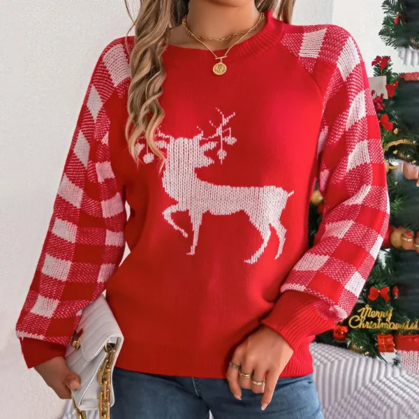 Christmas Women's Red Plaid Sweater With Christmas Deer Jacquard Festive Holiday Wear Loose Fit Autumn Knitted Female Pullovers - Image 3