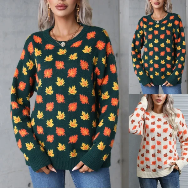 2024 Fashion Pullover For Women Maple Leaf Crew Neck Long Sleeve Sweater Fall Winter Knitted Bottoming Cotton Comfy Casual Cloth - Image 5