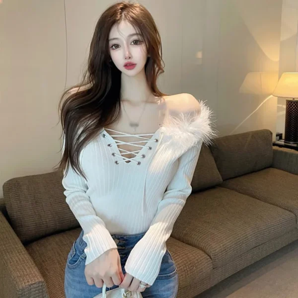 Ladies Sexy Shirt One Size Knitted Top for Women V Neck Casual Style Autumn Outfit Long Sleeve Off The Shoulder - Image 4