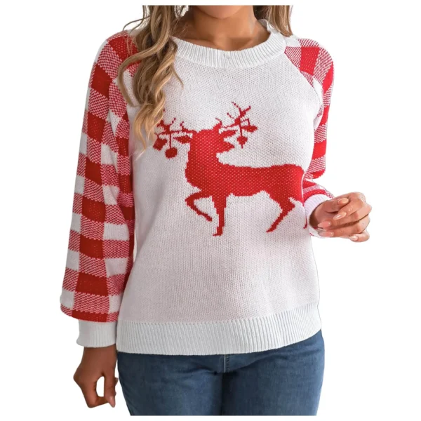 Christmas Women's Red Plaid Sweater With Christmas Deer Jacquard Festive Holiday Wear Loose Fit Autumn Knitted Female Pullovers