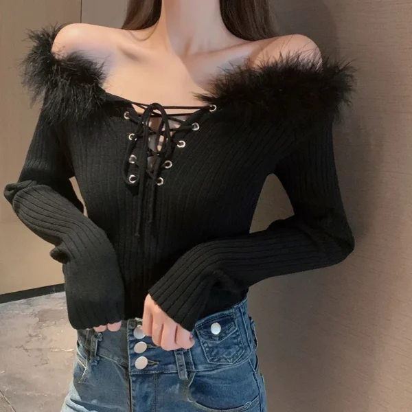 Ladies Sexy Shirt One Size Knitted Top for Women V Neck Casual Style Autumn Outfit Long Sleeve Off The Shoulder - Image 5