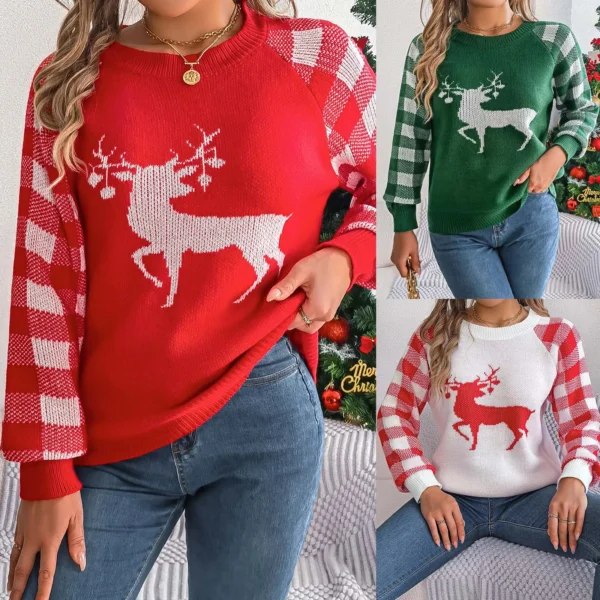 Christmas Women's Red Plaid Sweater With Christmas Deer Jacquard Festive Holiday Wear Loose Fit Autumn Knitted Female Pullovers - Image 5