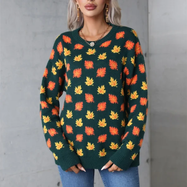 2024 Fashion Pullover For Women Maple Leaf Crew Neck Long Sleeve Sweater Fall Winter Knitted Bottoming Cotton Comfy Casual Cloth - Image 2