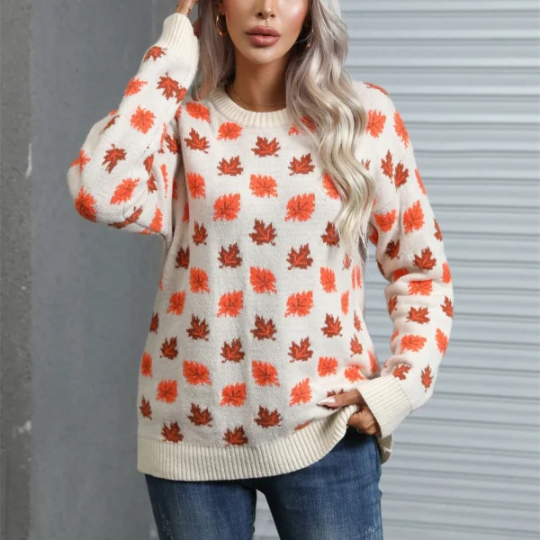 2024 Fashion Pullover For Women Maple Leaf Crew Neck Long Sleeve Sweater Fall Winter Knitted Bottoming Cotton Comfy Casual Cloth