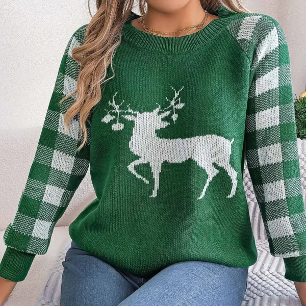 Christmas Women's Red Plaid Sweater With Christmas Deer Jacquard Festive Holiday Wear Loose Fit Autumn Knitted Female Pullovers - Image 2